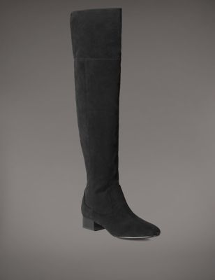 Leather Block Heel Over the Knee High Boots
